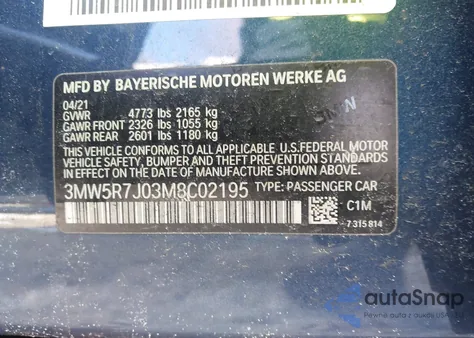 2021 BMW 330I xDrive z USA, uszkodzony, nr VIN 3MW5R7J03M8C02195